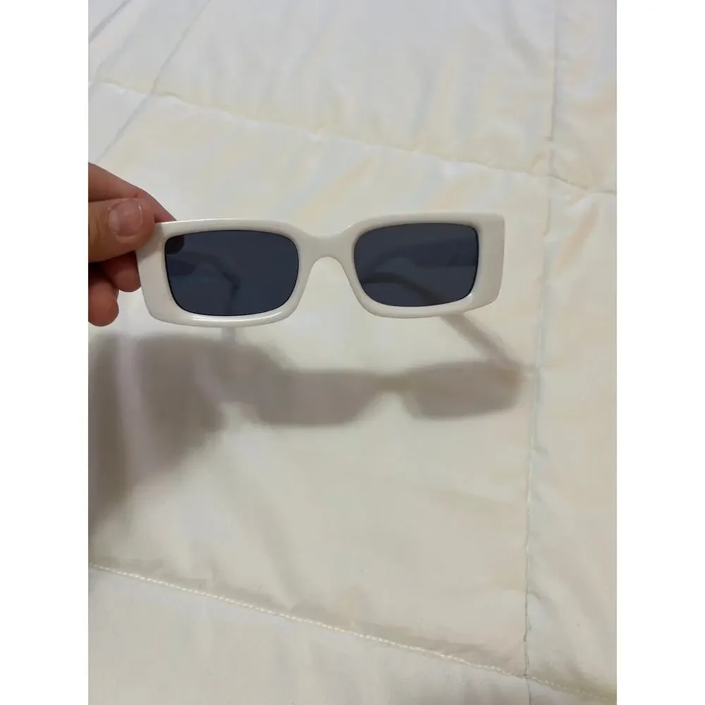 Retro White Rectangle Sunglasses‎ Thick Frame Chunky Vintage Style Trendy Shades